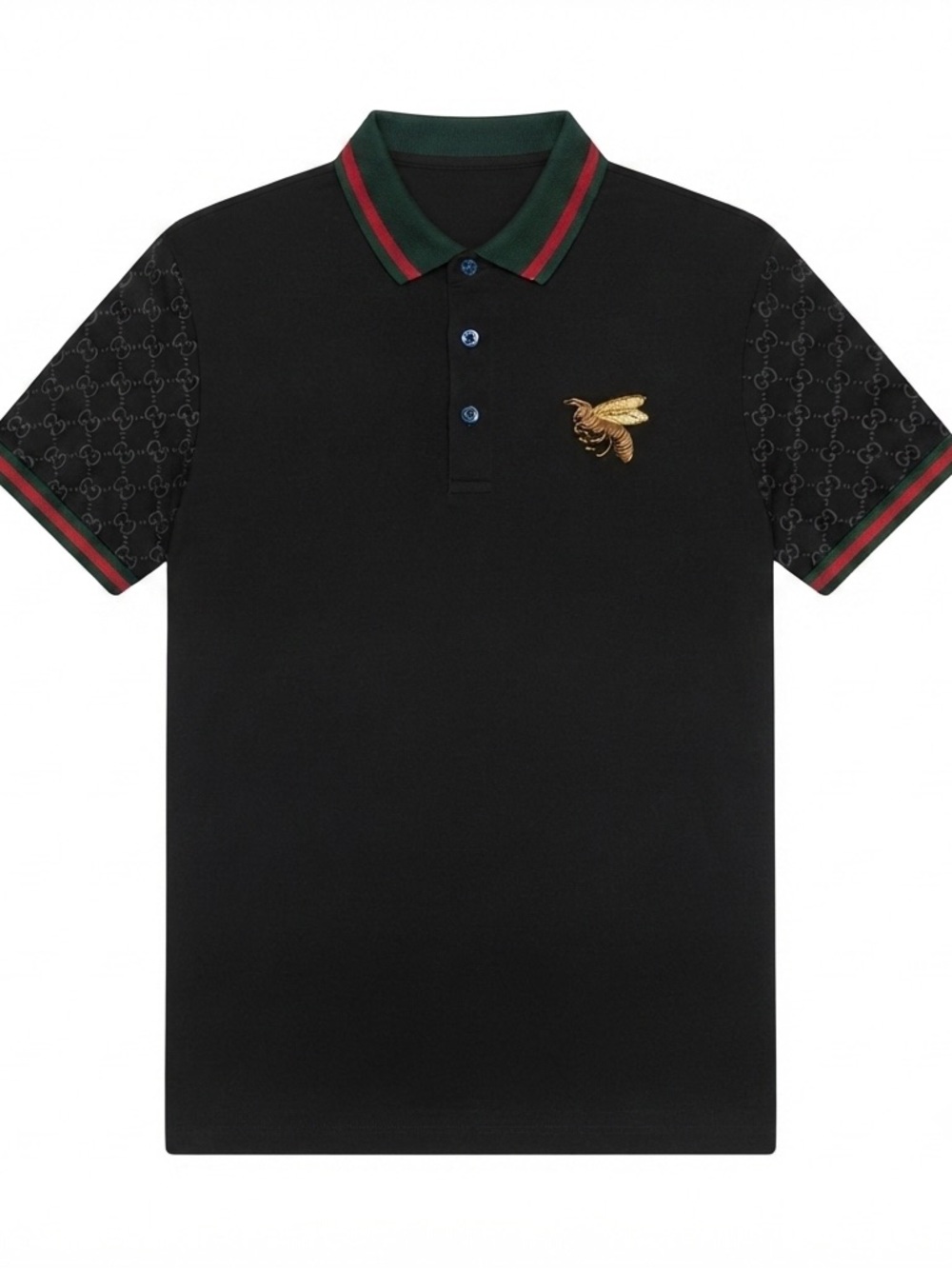 Black Button up Polo Shirt with Gold Bee and Green-Red Trim Size XL